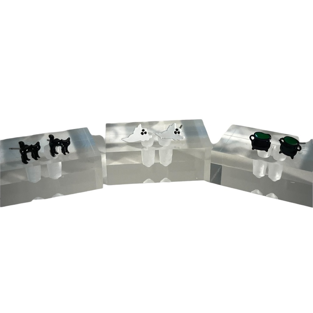 Halloween set of 3 Stud earrings black cat ghost cauldron women or girls